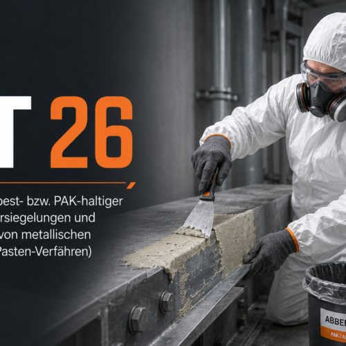 RA Titelbild BT26 Pastenverfahren Metallische Oberflaechen 000032 Geräte und Systemkomponenten für das <strong>BT 32 Abstemmen</strong> asbesthaltiger Wand- und Deckenbekleidung – emissionsarmes Verfahren nach TRGS 519. <p style="margin: 18px 0 8px;"><a style="display: inline-block; background: #173e1f; color: #f39200; font-weight: bold; font-size: 16px; text-decoration: none; padding: 13px 32px; border-radius: 6px;" href="https://arbeitsschutz-riethmueller.de/kontakt/">Hier anfragen!</a></p>