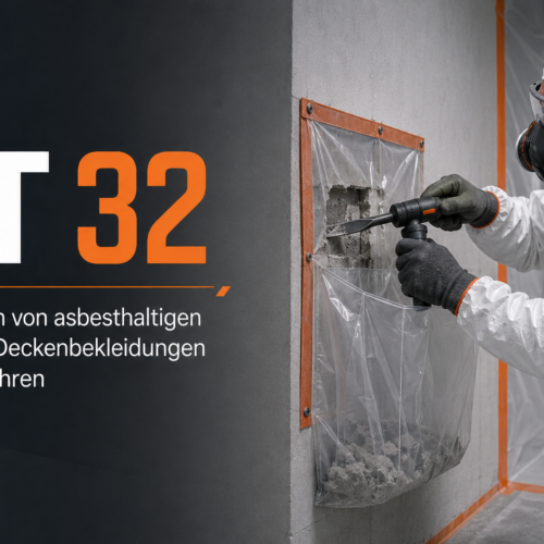 RA Titelbild BT32 Ausstemmen Stemmverfahren 000044 Geräte und Systemkomponenten für das emissionsarme <strong>BT 44 Verfahren</strong> nach TRGS 519: Abfräsen asbesthaltiger Deckenbekleidungen (Putze, Spachtelmassen) von mineralischen Untergründen – mit schienengeführter Deckenfräse, Eckfräse und Saugzentrale der Staubklasse H. <p style="margin: 18px 0 8px;"><a style="display: inline-block; background: #173e1f; color: #f39200; font-weight: bold; font-size: 16px; text-decoration: none; padding: 13px 32px; border-radius: 6px;" href="https://arbeitsschutz-riethmueller.de/kontakt/">Hier anfragen!</a></p> <p style="font-size: 15px; color: #333; margin: 4px 0 0;">Oder rufen Sie uns direkt an: <a style="color: #173e1f; font-weight: bold; text-decoration: none; white-space: nowrap;" href="tel:+4957237863700">05723 7863700</a></p>