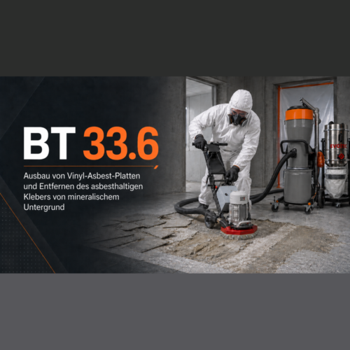 sq BT33 6 new 000044 Geräte und Systemkomponenten für das emissionsarme <strong>BT 44 Verfahren</strong> nach TRGS 519: Abfräsen asbesthaltiger Deckenbekleidungen (Putze, Spachtelmassen) von mineralischen Untergründen – mit schienengeführter Deckenfräse, Eckfräse und Saugzentrale der Staubklasse H. <p style="margin: 18px 0 8px;"><a style="display: inline-block; background: #173e1f; color: #f39200; font-weight: bold; font-size: 16px; text-decoration: none; padding: 13px 32px; border-radius: 6px;" href="https://arbeitsschutz-riethmueller.de/kontakt/">Hier anfragen!</a></p> <p style="font-size: 15px; color: #333; margin: 4px 0 0;">Oder rufen Sie uns direkt an: <a style="color: #173e1f; font-weight: bold; text-decoration: none; white-space: nowrap;" href="tel:+4957237863700">05723 7863700</a></p>