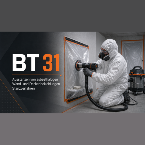 sq bt31 1 000044 Geräte und Systemkomponenten für das emissionsarme <strong>BT 44 Verfahren</strong> nach TRGS 519: Abfräsen asbesthaltiger Deckenbekleidungen (Putze, Spachtelmassen) von mineralischen Untergründen – mit schienengeführter Deckenfräse, Eckfräse und Saugzentrale der Staubklasse H. <p style="margin: 18px 0 8px;"><a style="display: inline-block; background: #173e1f; color: #f39200; font-weight: bold; font-size: 16px; text-decoration: none; padding: 13px 32px; border-radius: 6px;" href="https://arbeitsschutz-riethmueller.de/kontakt/">Hier anfragen!</a></p> <p style="font-size: 15px; color: #333; margin: 4px 0 0;">Oder rufen Sie uns direkt an: <a style="color: #173e1f; font-weight: bold; text-decoration: none; white-space: nowrap;" href="tel:+4957237863700">05723 7863700</a></p>