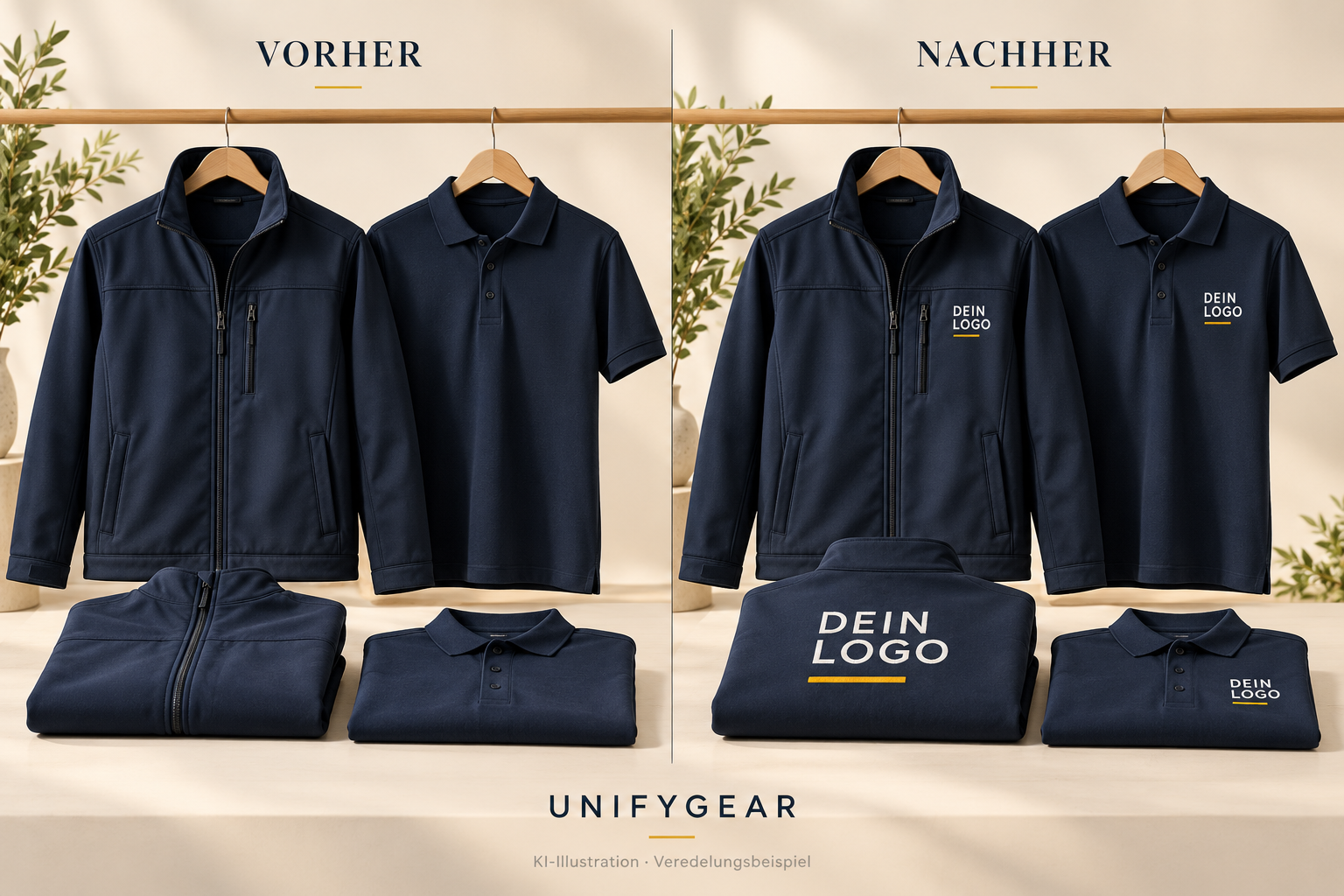 KI-Illustration: Gleiche Arbeitsjacken und Poloshirts vor und nach beispielhafter Veredelung mit Firmenlogo.