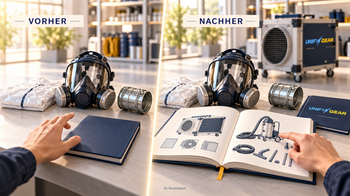 Ratgeber Asbest- & Schadstoffsanierung KI-Illustration: Eine offene Fachfrage führt zum Nachschlagen von Geräteinformationen im UnifyGear-Ratgeber.