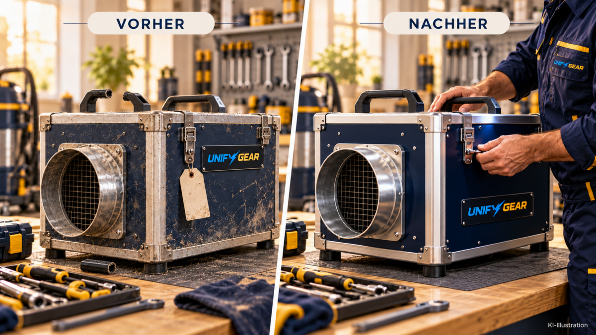 KI-Illustration eines UnifyGear-UHG: links ein gebrochener Tragegriff, rechts ein intakter Griff nach beispielhafter Instandsetzung.