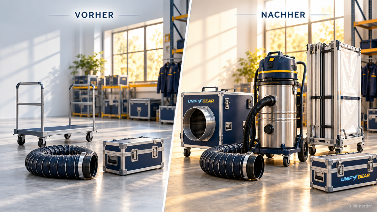 Geräte mieten – Sanierungstechnik für die Asbestsanierung KI-Illustration zur Gerätemiete: links fehlen Geräte, rechts stehen UHG, Sauger und Schleusentechnik von UnifyGear.